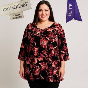 CATHERINES PETITE 1XWP VELVET FLORAL TUNIC TOP BLACK RED STRETCH 3/4 SLEEVE